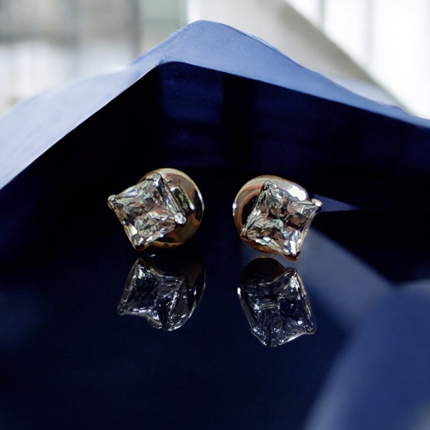 Handcrafted Geometric Silver Square Stud Earrings (Small)