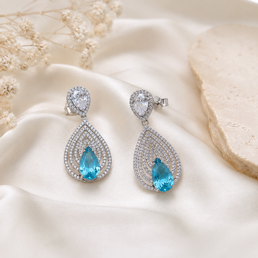 Ocean Blue Teardrop Statement Earrings in 925 Sterling Silver