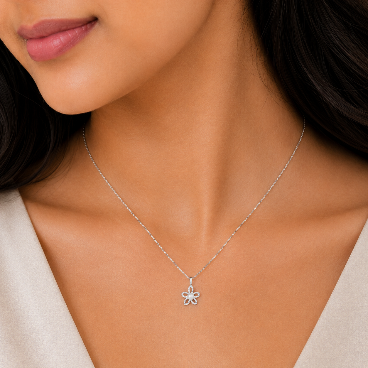 Pearl Bloom Floral 925 Silver Necklace