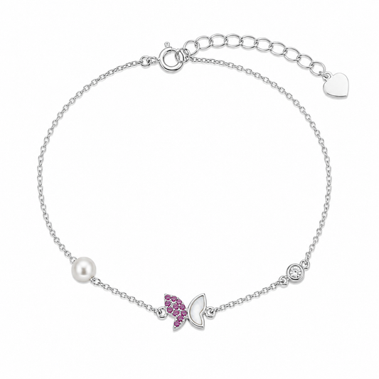 Pink Butterfly Pearl Silver Bracelet