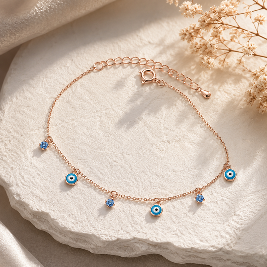 Delicate Evil Eye Charm Bracelet in Rose Gold
