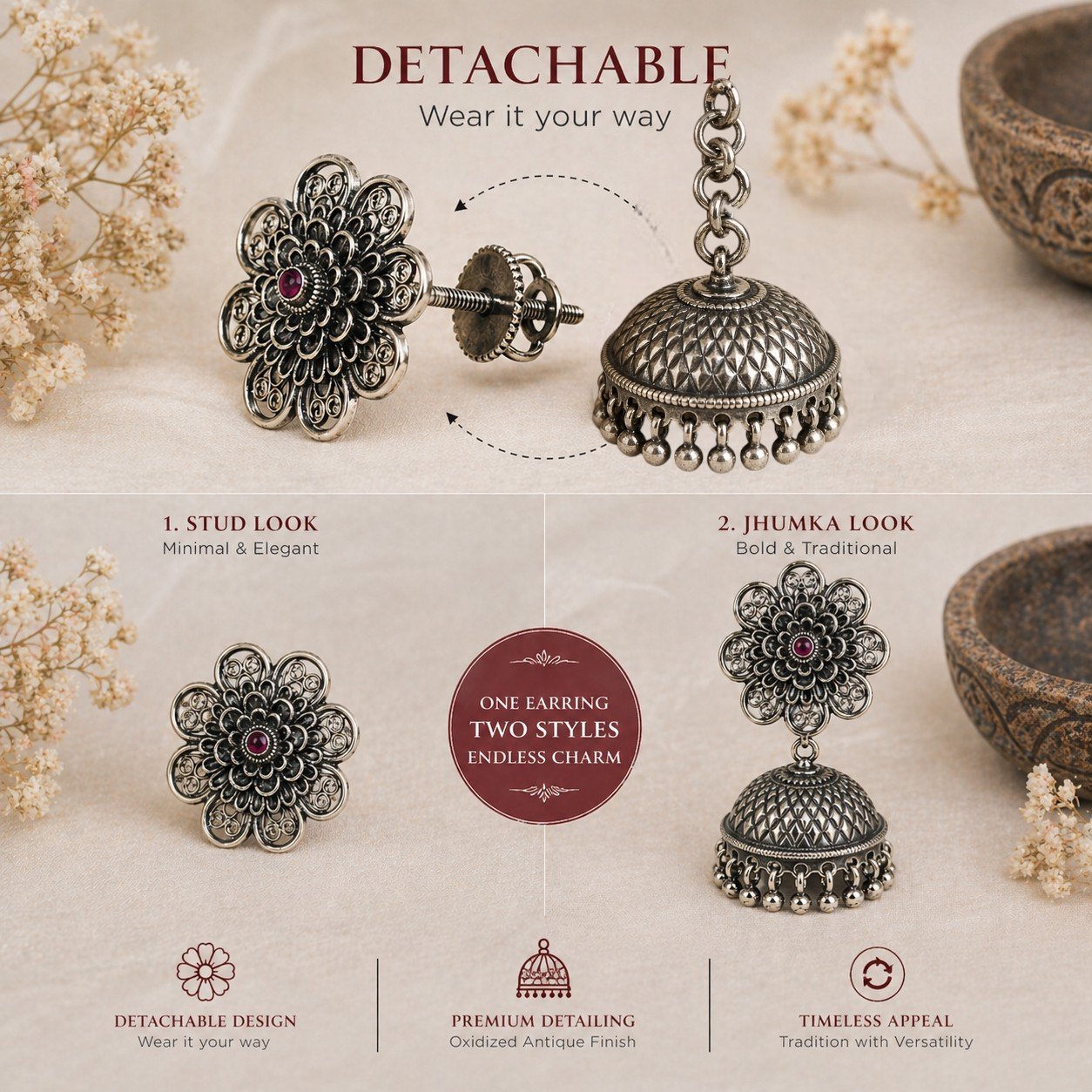 Timeless Bloom Antique Detachable Jhumkas