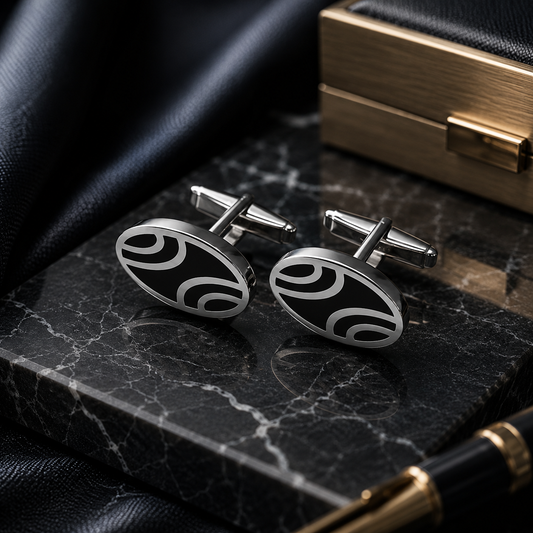 Oval Black Wave Cufflinks