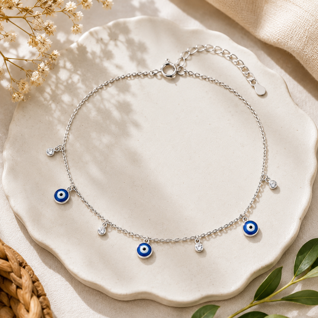 Evil Eye Charm Silver Anklet