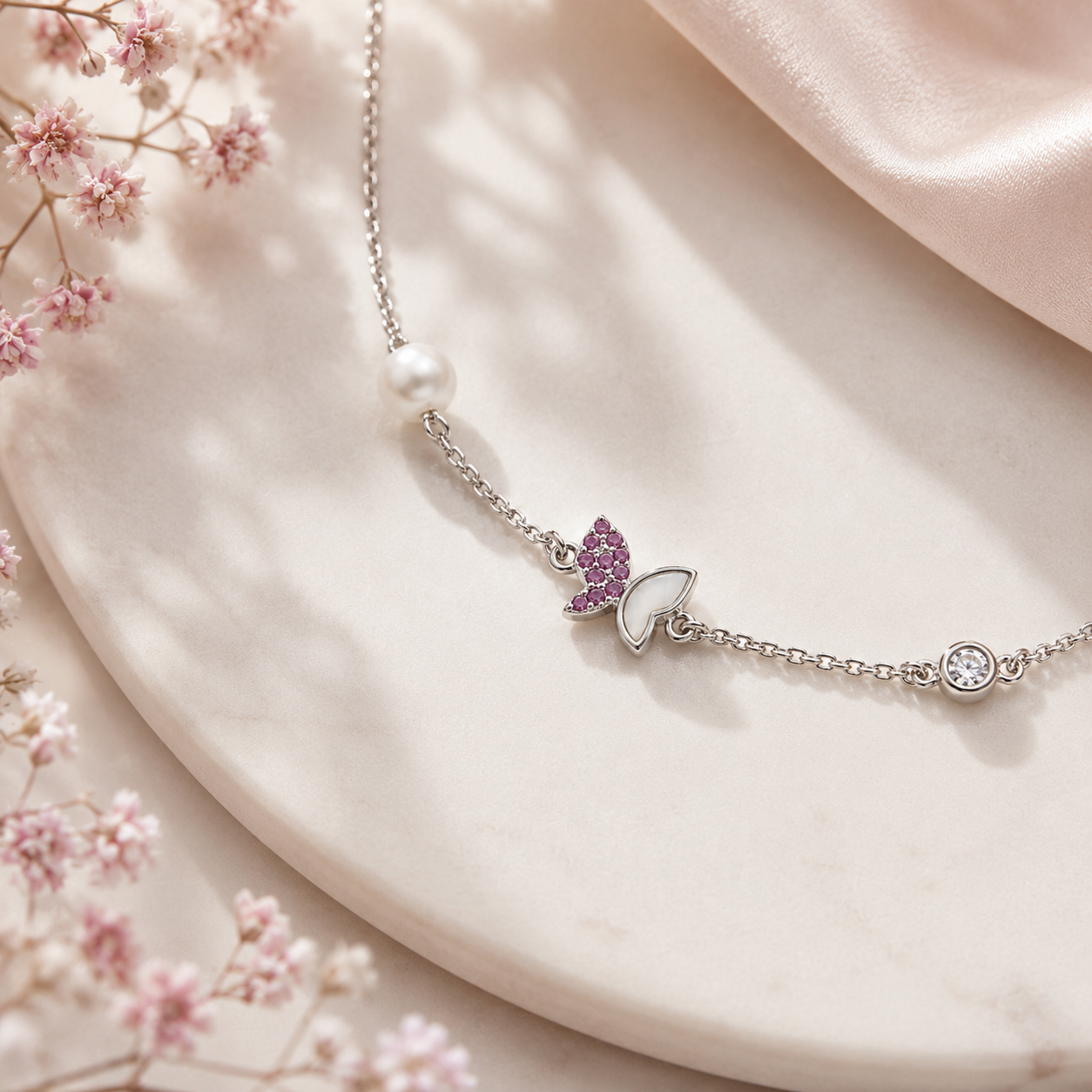 Pink Butterfly Pearl Silver Bracelet