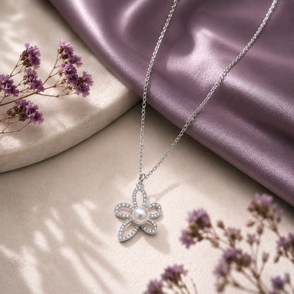 Pearl Bloom Floral 925 Silver Necklace