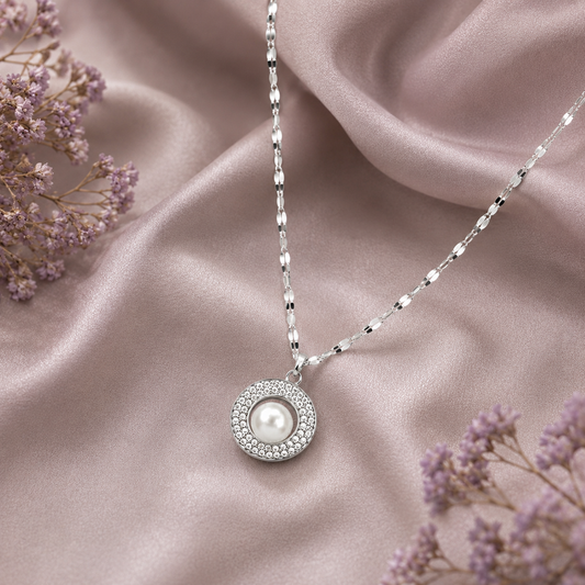 Radiant Pearl Halo 925 Silver Necklace