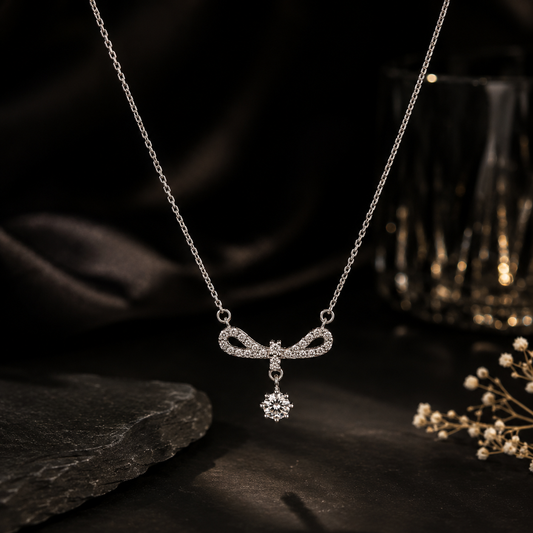 Bow Drop Necklace in 925 Sterling Silver