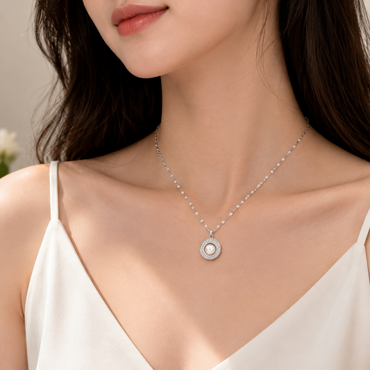 Radiant Pearl Halo 925 Silver Necklace