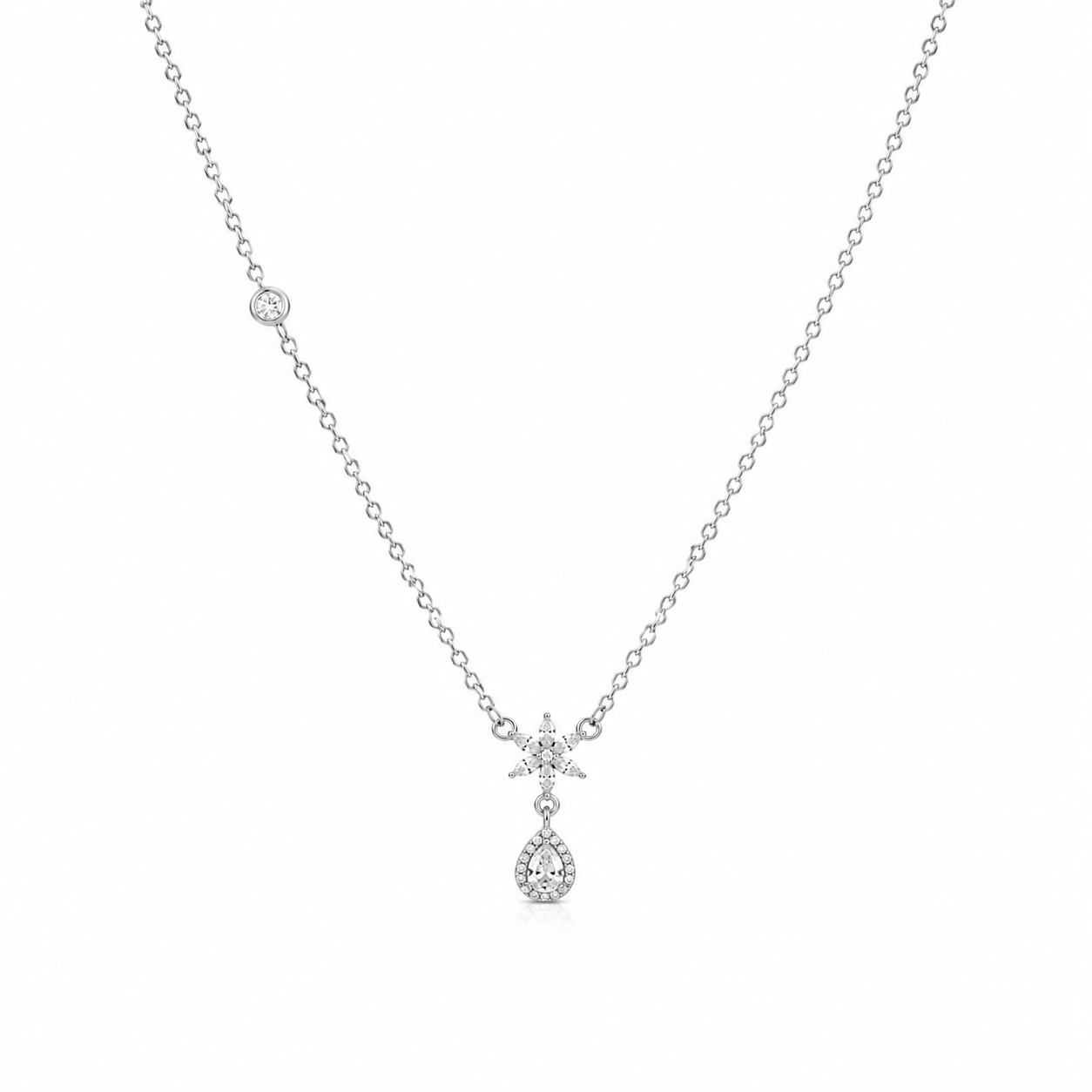 Floral Drop Diamond Necklace in 925 Sterling Silver