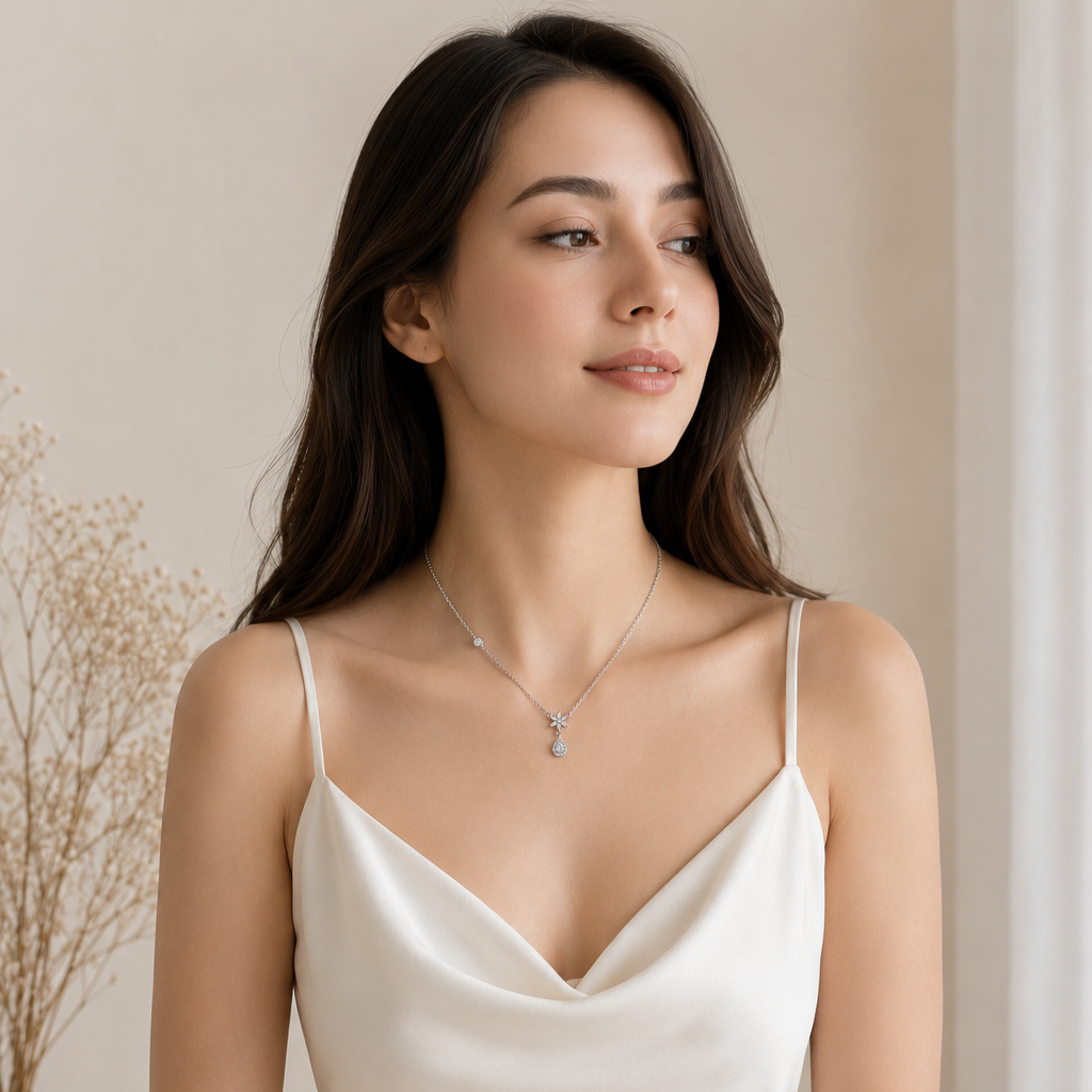 Floral Drop Diamond Necklace in 925 Sterling Silver