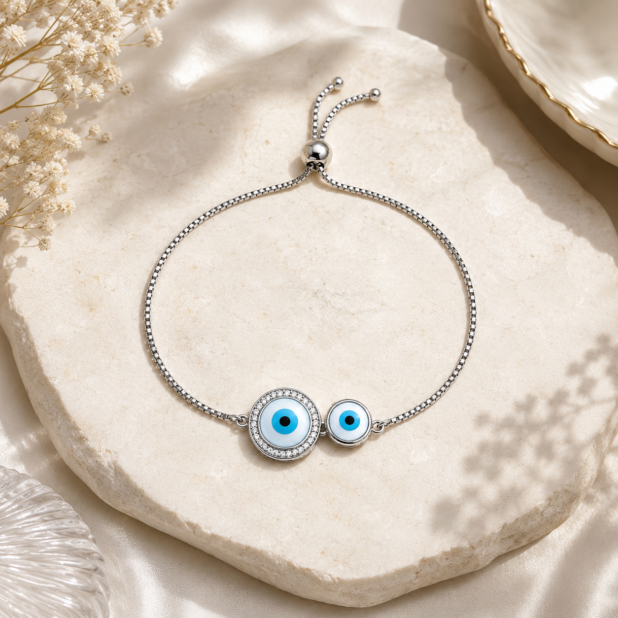 Twin Evil Eye Adjustable 925 Silver Bracelet