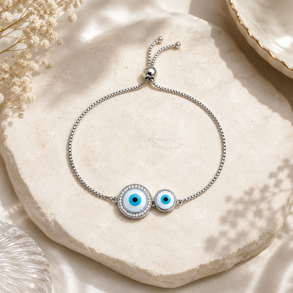 Twin Evil Eye Adjustable 925 Silver Bracelet