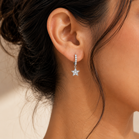 Celestial Star Charm Silver Hoop Earrings