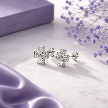 Sparkling Clover Heart Stud Earrings