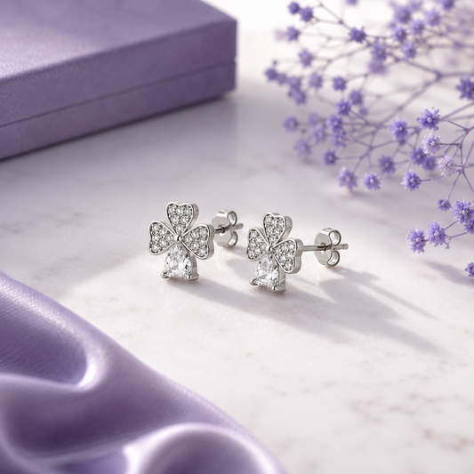 Sparkling Clover Heart Stud Earrings