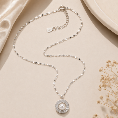 Radiant Pearl Halo 925 Silver Necklace