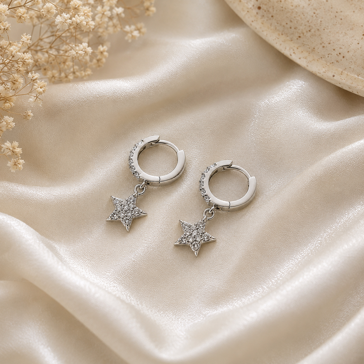 Celestial Star Charm Silver Hoop Earrings