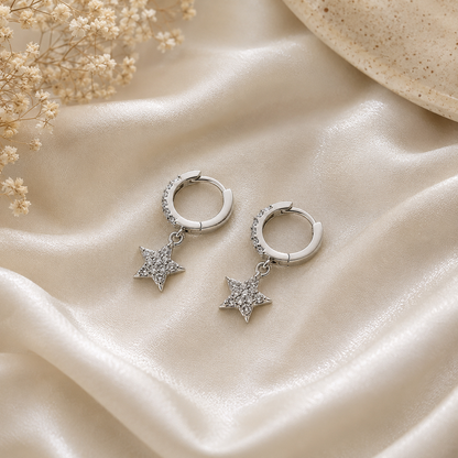 Celestial Star Charm Silver Hoop Earrings