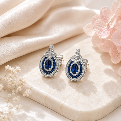 Royal Sapphire Halo Pendant Necklace Set