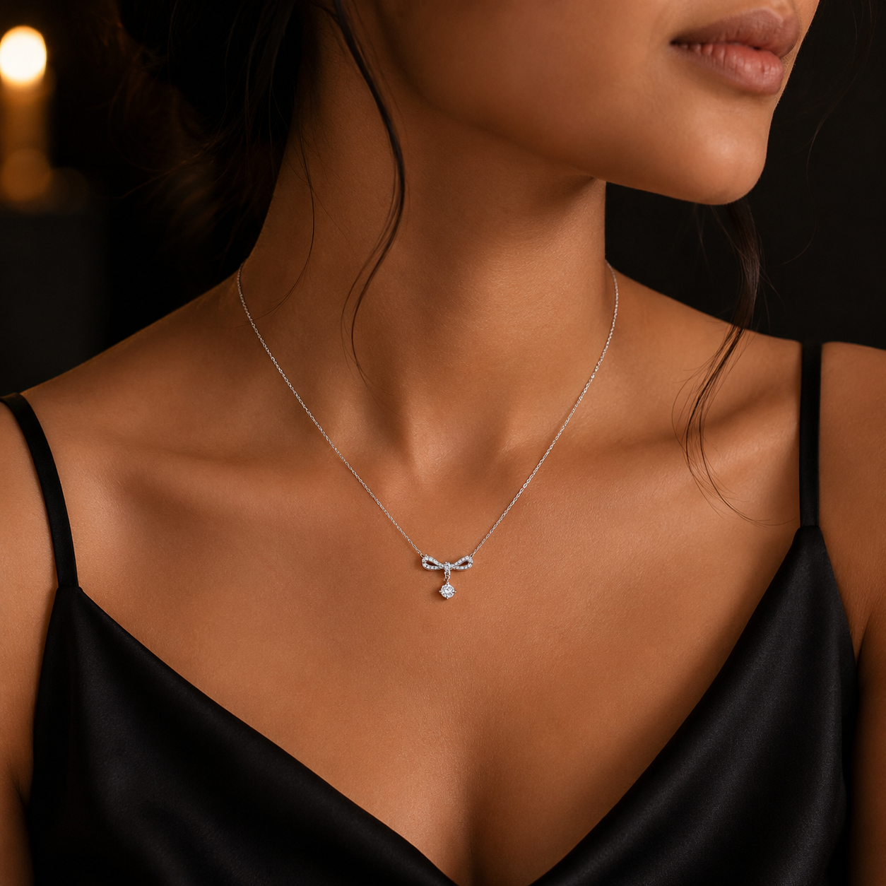 Bow Drop Necklace in 925 Sterling Silver