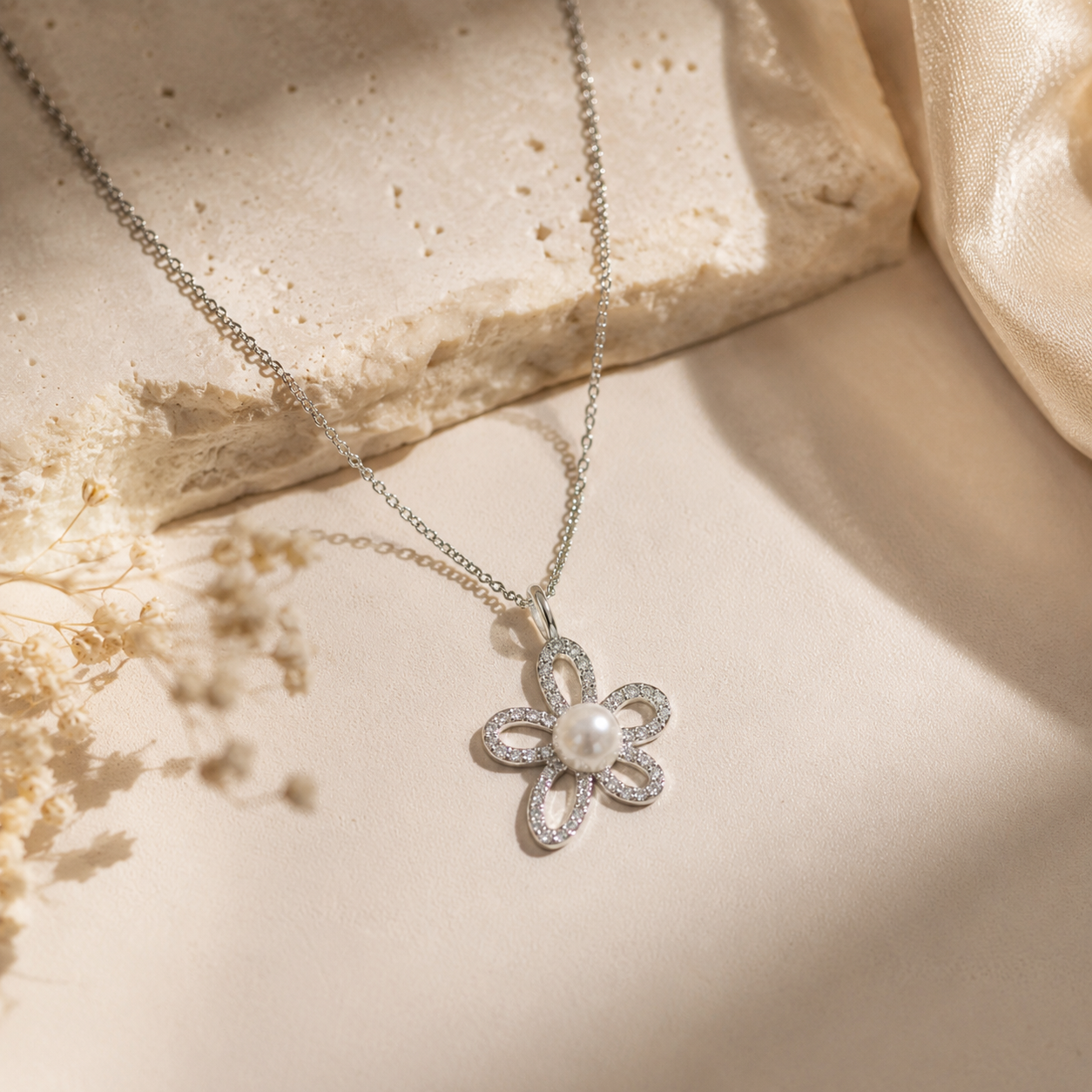 Pearl Bloom Floral 925 Silver Necklace