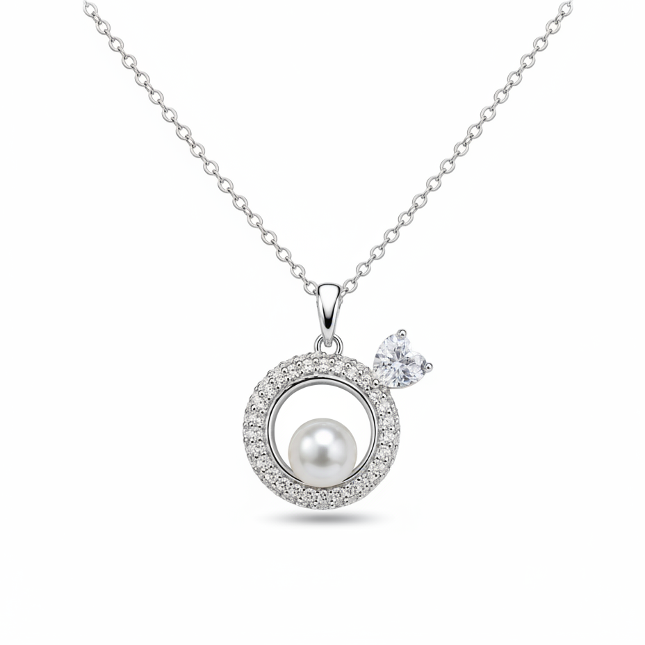 Pearl Halo Heart Charm 925 Silver Necklace