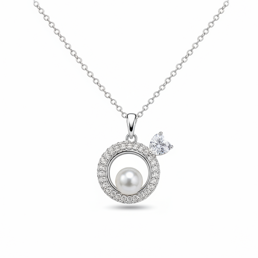 Pearl Halo Heart Charm 925 Silver Necklace