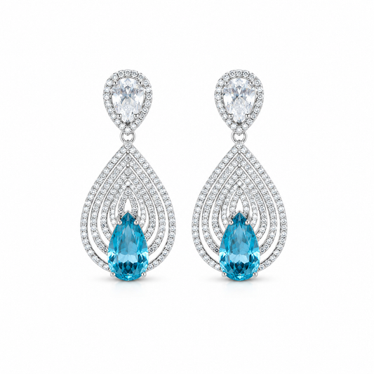Ocean Blue Teardrop Statement Earrings in 925 Sterling Silver
