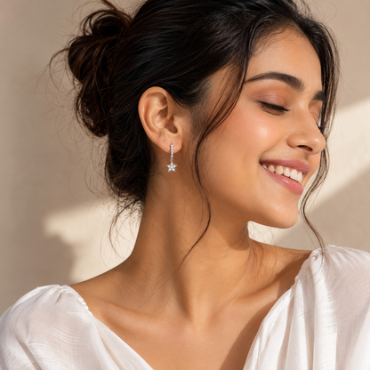 Celestial Star Charm Silver Hoop Earrings