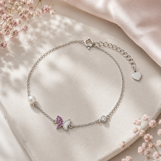 Pink Butterfly Pearl Silver Bracelet