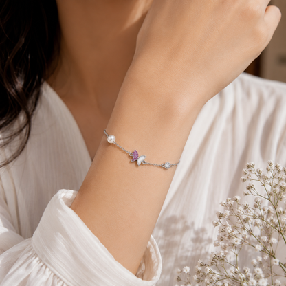 Pink Butterfly Pearl Silver Bracelet