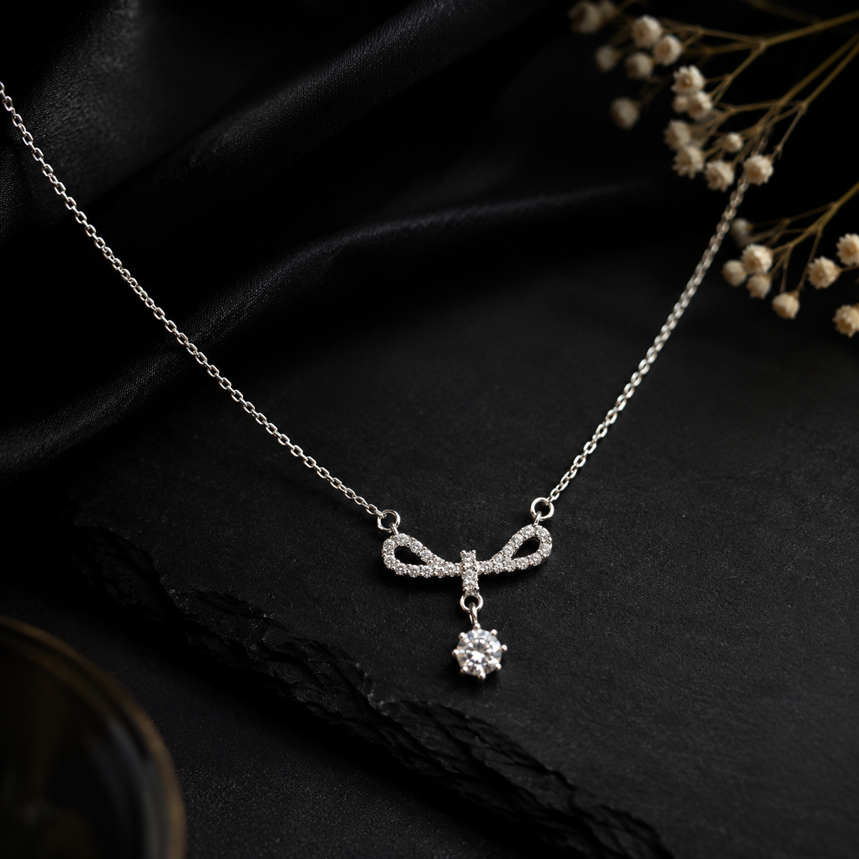 Bow Drop Necklace in 925 Sterling Silver