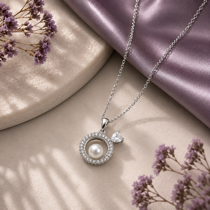 Pearl Halo Heart Charm 925 Silver Necklace