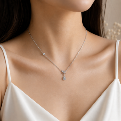 Floral Drop Diamond Necklace in 925 Sterling Silver