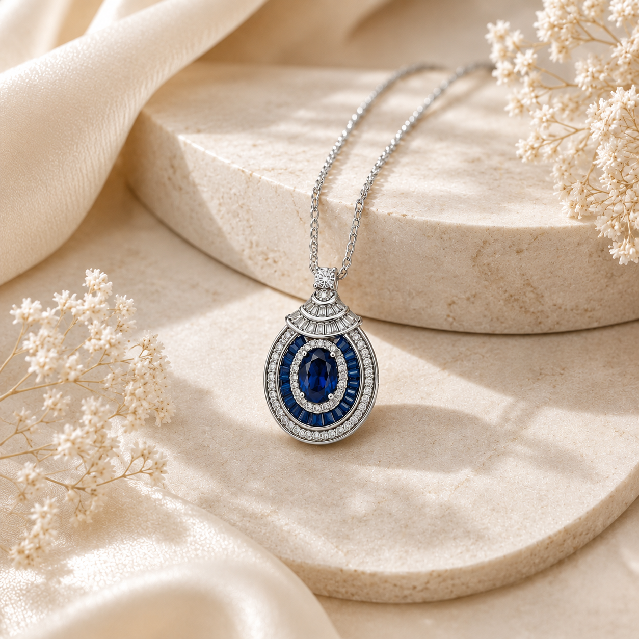 Royal Sapphire Halo Pendant Necklace Set