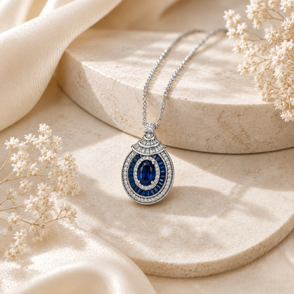 Royal Sapphire Halo Pendant Necklace Set