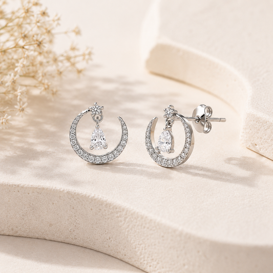 Celestial Crescent Drop Stud Earrings