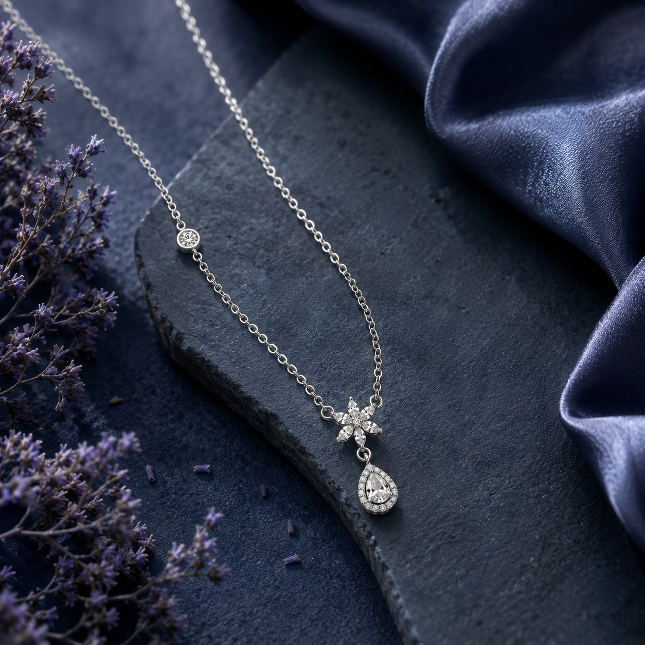 Floral Drop Diamond Necklace in 925 Sterling Silver