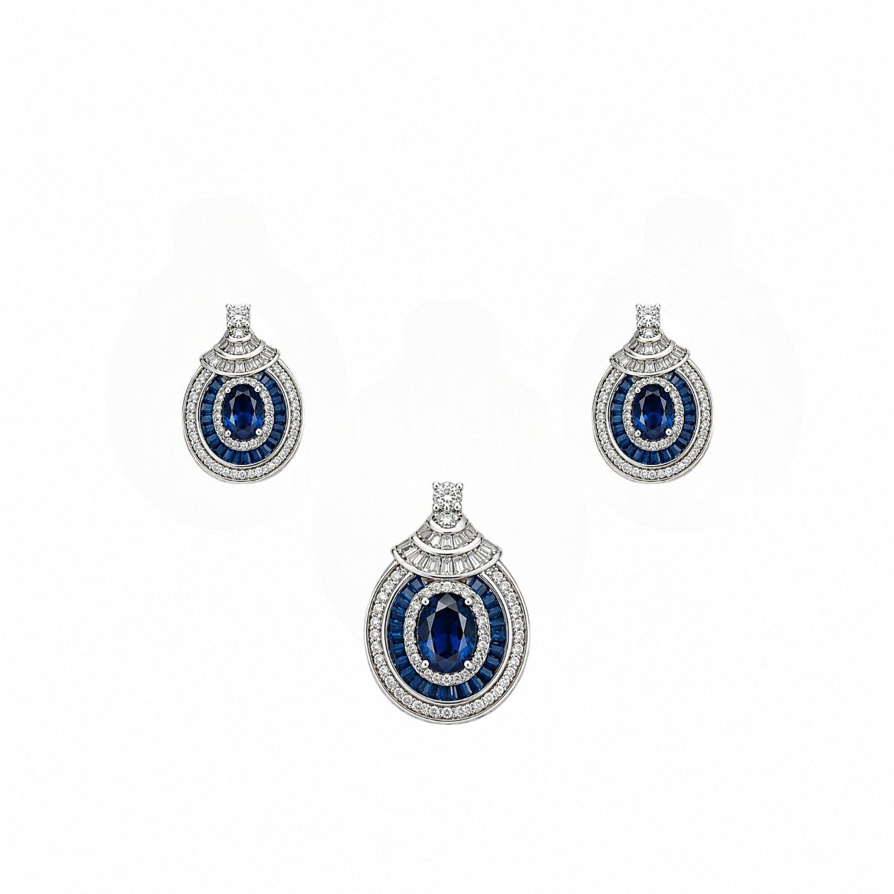 Royal Sapphire Halo Pendant Necklace Set