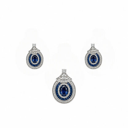 Royal Sapphire Halo Pendant Necklace Set