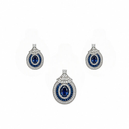 Royal Sapphire Halo Pendant Necklace Set
