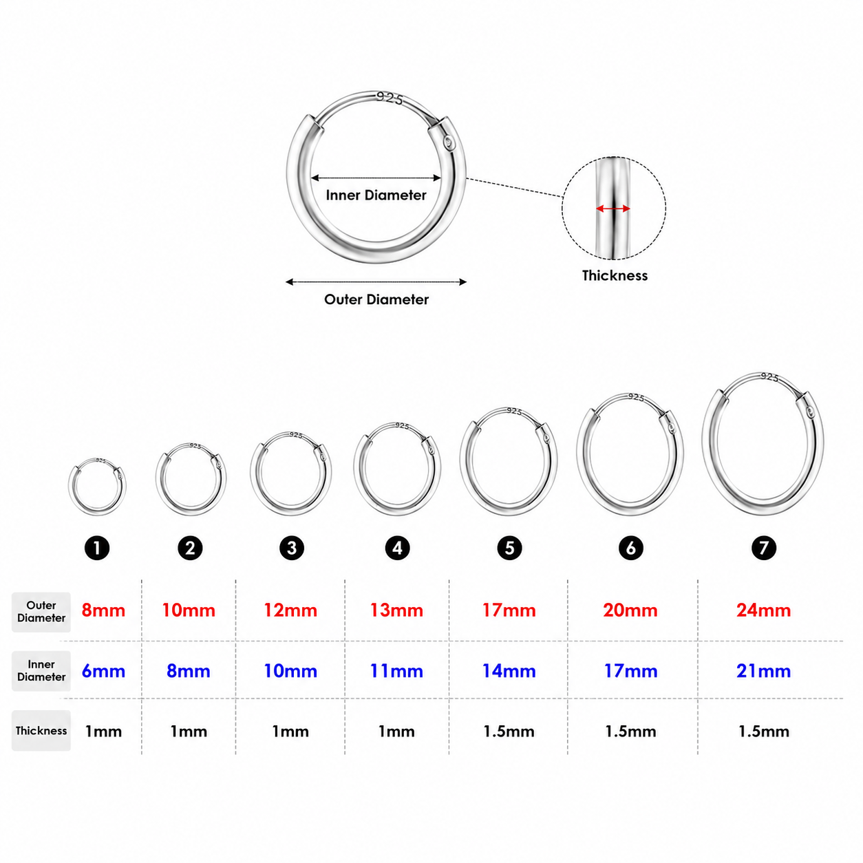 Sterling Silver Endless Hoop Earrings (8mm–24mm)